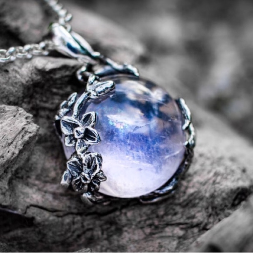 Rainbow Moonstone Necklace | Silver Flower Necklace | Branch Necklace |